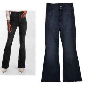 Free People Jeans Womens 30 Jayde Flare Black Denim Raw Hem Ultra High Rise 70s